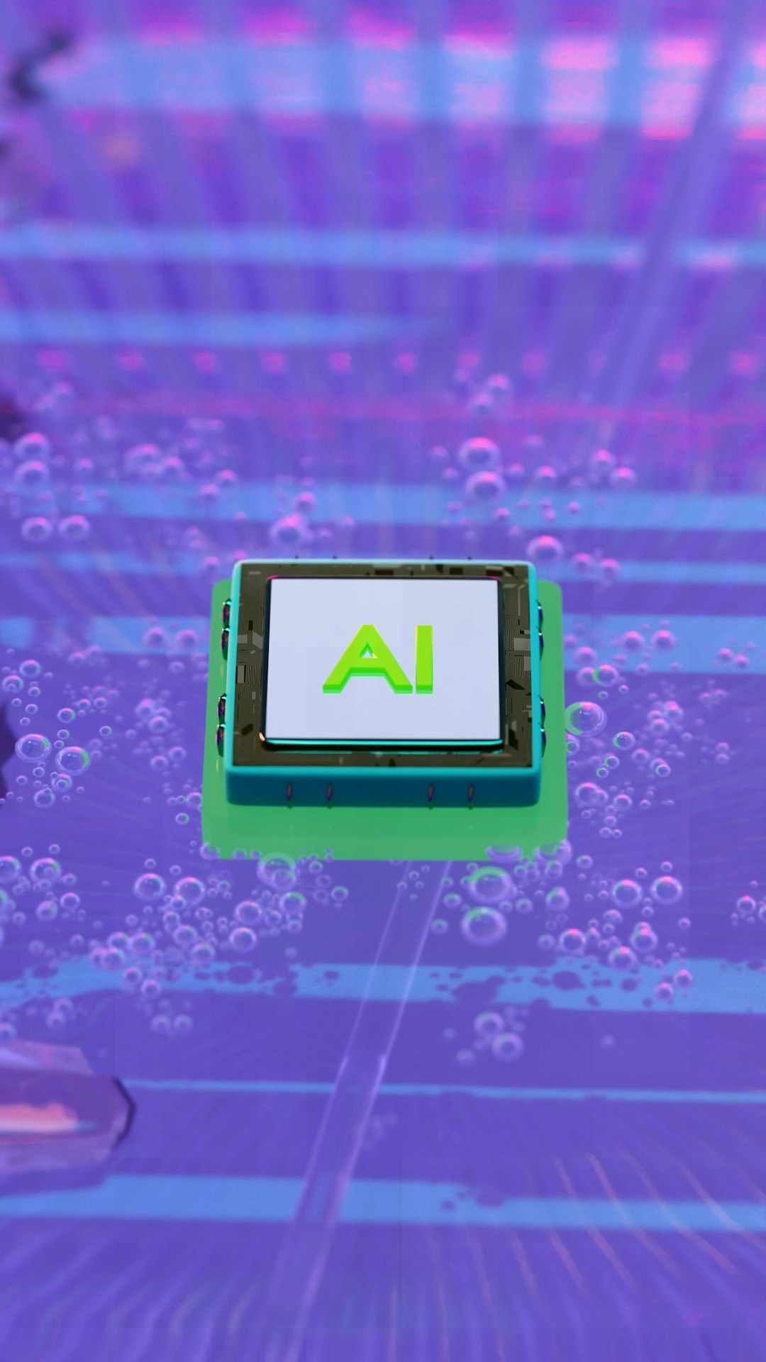 Futuristic artificial intelligence microchip resting on vibrant, glossy surface with pastel reflections and surreal lighting, representing technology innovation and digital transformation